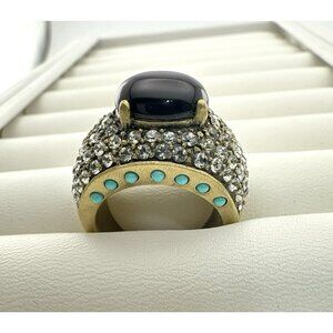 Heidi Daus Ring Cabochon Dome Black Turquoise 8 Crystal Rhinestone Gold Tone